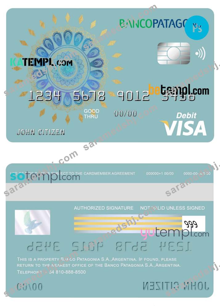 Argentina Banco Patagonia bank visa card debit card template in PSD format, fully editable
